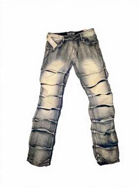 TAKER Slim Straight Fit Layered Stacked Jeans in Rustic Blue